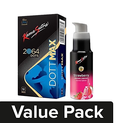Buy KamaSutra Dott Max Condoms 12 pcs + Water Based Lubricant - Strawberry  50 ml Online at Best Price of Rs null