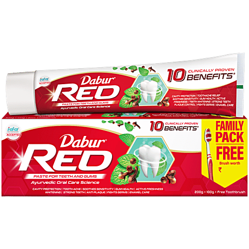 Dabur Red Toothpaste (200G+100G+)=300G (With Free Toothbrush)