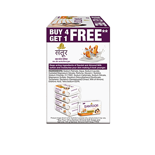 Santoor Sandal & Almond Milk Soap 125 G (Buy 4 Get 1 Free)