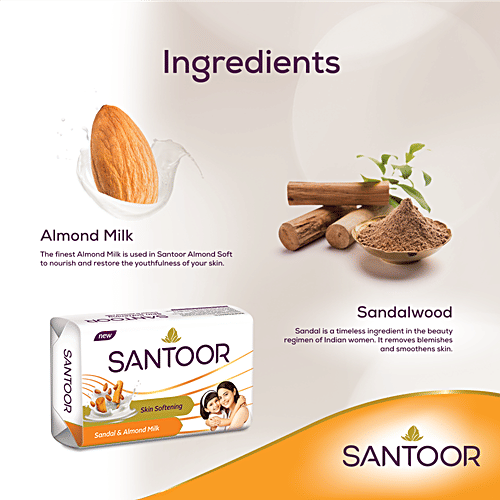 Santoor Sandal & Almond Milk Soap 125 G (Buy 4 Get 1 Free)