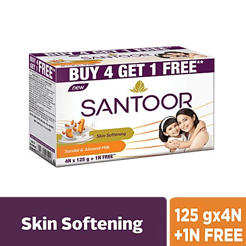 Santoor Sandal & Almond Milk Soap 125 G (Buy 4 Get 1 Free)