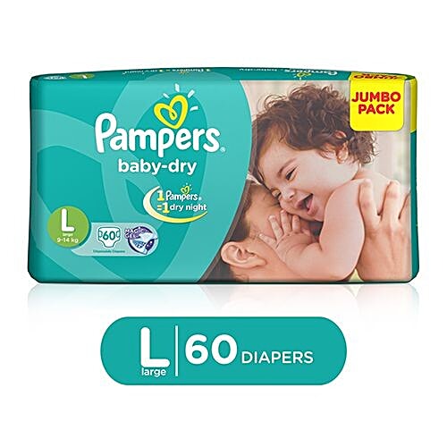 Pampers Baby Diapers Dry, Large For 9-14 Kg, 60 pcs