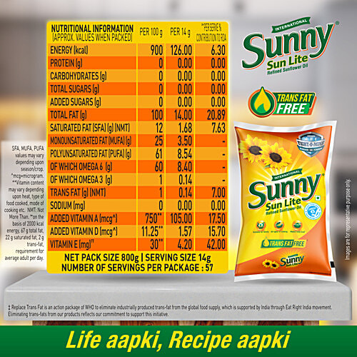 Sunny Sun Lite Refined Sunflower Oil 800 Gm