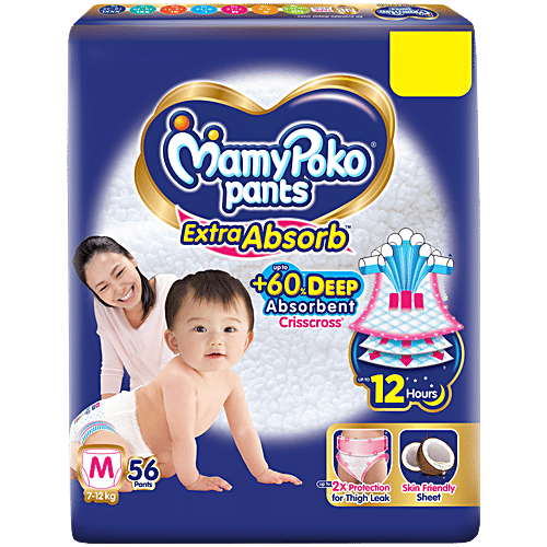 Mamypoko Pant Style Diapers - Extra Absorbent, M, 7-12 kg, 56 pcs
