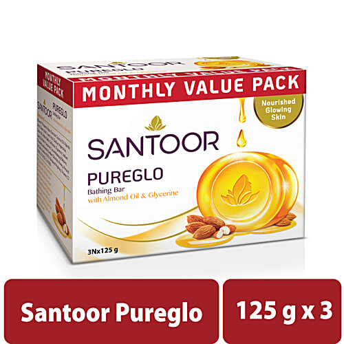 Santoor PureGlo Bathing Soap Bar, Pack of 3, 125 g (Pack of 3)