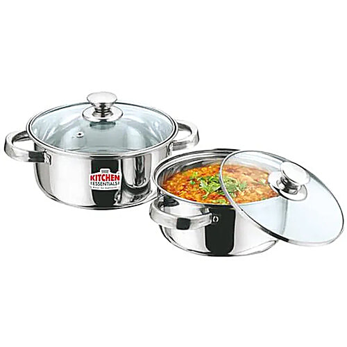 Kitchen Essentials Steel Cook Serve Set With Glass Lid, 16 cm, Sturdy,  Highly Durable, L