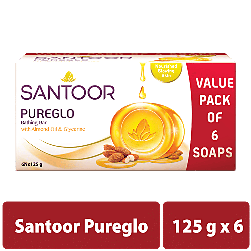 Santoor PureGlo Glycerine Bathing Bar Soap with Almond Oil, 125 g