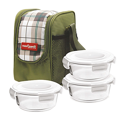 Buy Treo Health First Round Glass Tiffin Set With Olive Green - Main Image