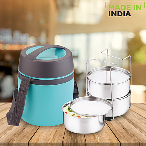 Asian Stainless Steel Lunch Box/Tiffin Box Insulated Leak Proof Happy  Meal, Blue, 400 ml