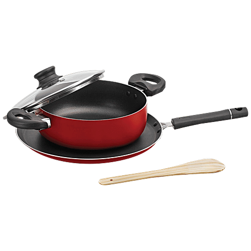 Cello Cookware Prima Set Non-Stick Induction Base Cookware with Glass Lid  Red, Tawa 28 cm Kadhai L, Aluminium, pcs