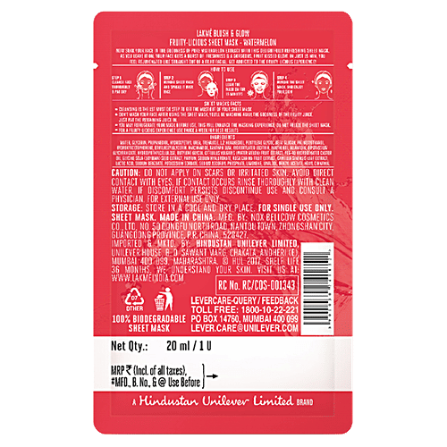 Lakme Blush & Glow Fruity-Licious Sheet Mask Watermelon 20Ml Pp