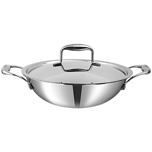 Vinod 22cm Stainless Steel Kadai Wok With Glass Lid - 2.4L Induction Compatible Fry Pan