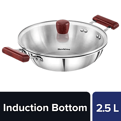 Hawkins Tri-Ply Stainless Steel Deep Fry Pan/Kadai With Glass Lid  Layer, Induction Base, 26 cm, mm, SSD25G, l