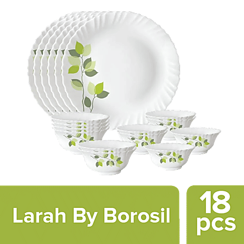 Larah by Borosil Dinner Set Opalware, Green Leaves Silk Design, White, 18 pcs