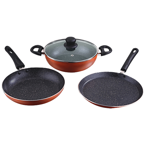Kitchen Essentials Non Stick Cookware Set Tawa, Kadai, Fry Pan With Glass  Lid, Red, pcs
