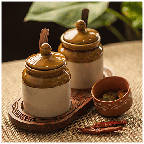 Buy ExclusiveLane Old Fashioned Ceramic Jars With Hand Carved Tray