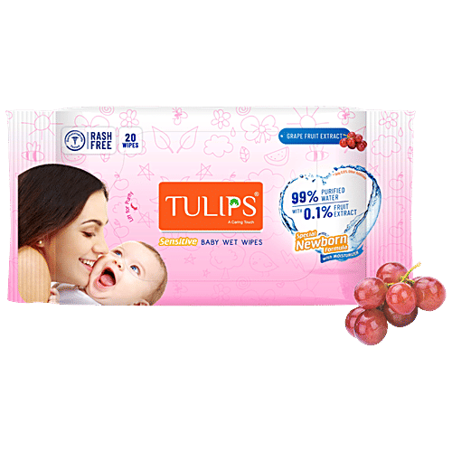 Tulips Baby Wet Wipes Grape Fruit Extract, For Newborn Babies, pH  Balanced, Rash Free Finish, 20 pcs