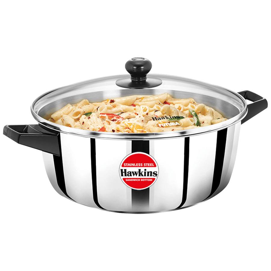 Hawkins 4 Litre Cook N Serve Handi, Triply Stainless Steel Handi With Glass Lid...
