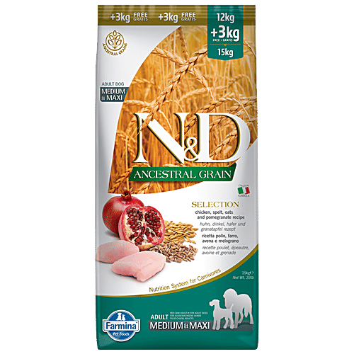 Farmina Pet Foods N&D Ancestral Grain Dog Dry Food – Chicken Pomegranate,  Selection, Adult- Medium Maxi Breed, 15 kg
