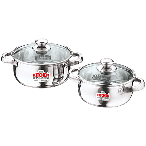 Kitchen Essentials Belly Cook N Serve Set Stainless Steel Casserole, With  Glass Lid, 14 Cm 16 Cm, High Durable, pcs