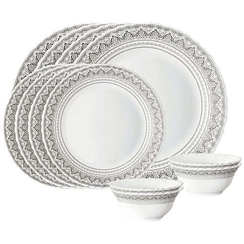 Larah by Borosil Dinner/Crockery Set Opalware, Classic, White, 12 pcs