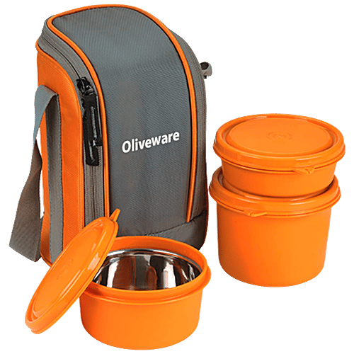 Oliveware Boss Lunch Box Containers With Bag Dist Air-Tight, Orange, pcs