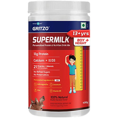 Gritzo SuperMilk Height+ For 13+ Year Boys,13 g Protein With Zero Refined  Sugar Double Chocolate, 400 g