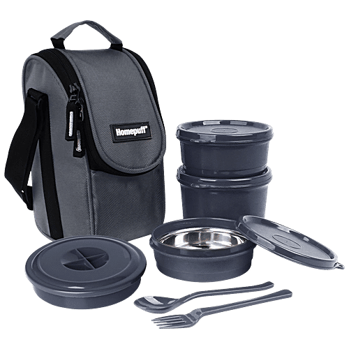 Home Puff Stainless Steel Insulated Lunch Boxes Airtight Leak Proof  Tiffin Box, Free Lunch Bag, Grey, L