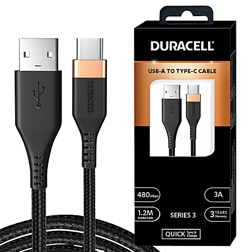 Duracell Type A To Type C 3A Braided Fast Charging Cable Data Sync  m, Series 3, Black, pc