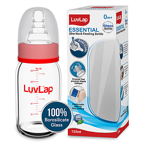LuvLap Essential Slim Neck Glass Feeding Bottle 0+M, Red, 125 ml