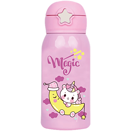 Femora Magic Unicorn Hot Cold Thermosteel Water Bottle For Kids With Bag,  Pink, 550 ml