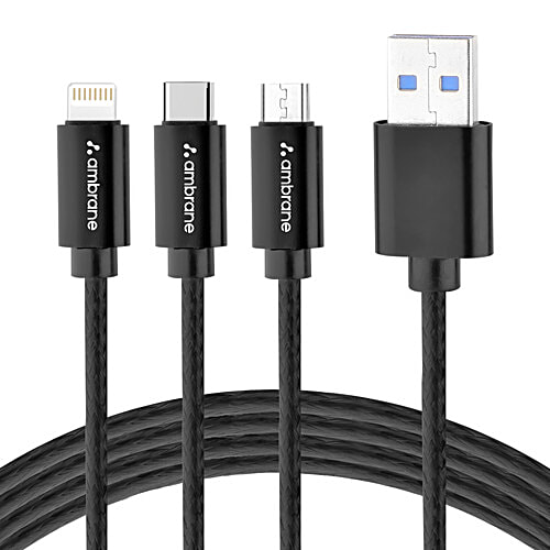 Ambrane Unbreakable In USB Fast Charging Cable With Type C, Lightning,  Micro USB Port With A, Trio-11, Black, pc