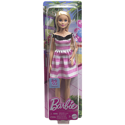 Barbie Doll With Accessories Pink White Striped Dress, Matching Heels,  pc