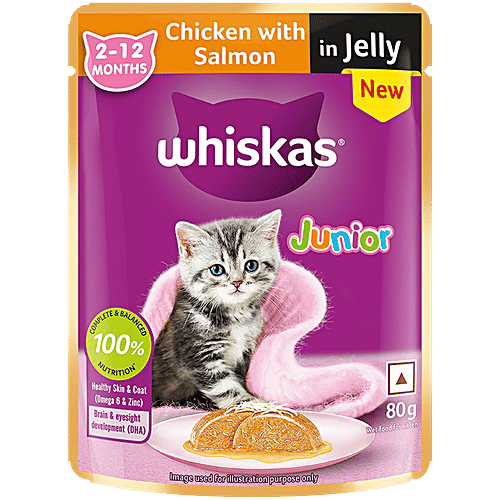 Whiskas Junior Kitten Wet Food Chicken With Salmon In Jelly to 12  Months, 80 g