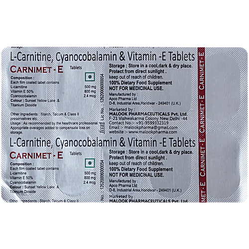 l carnitine & vitamin e tablets Buy Carnimet-E Tablet With L-Carnitine, Cyanocobalamin & Vitamin E Online  at Best Price of Rs 479