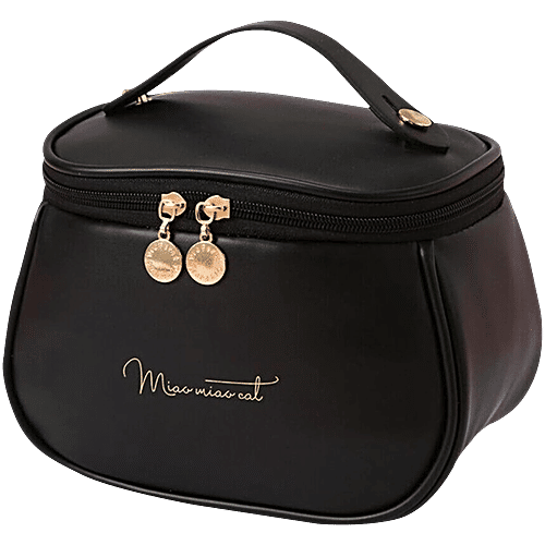 Pearlfiesta Toiletry Bag For Girls With Handle Divider, Makeup Bag,  Leather Cosmetic Brush Case For Women Black, pc