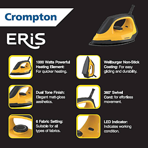 Crompton ACGEI-ERIS 1000 W Dry Iron (YELLOW & BLACK) Premium Weilburger Non-Stick Coating - product feature