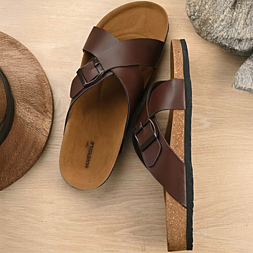 Hoversole Men's Brown Cork Cross Strap Sandals, Pair