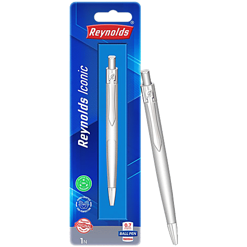 Reynolds Iconic Metal Silver Colour mm Ball Pen Blue Ink, pc