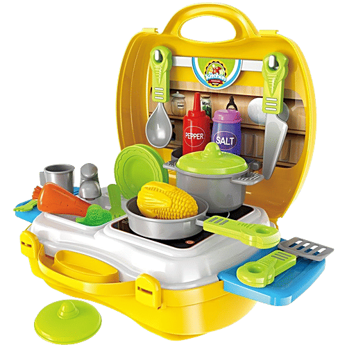 Toyshine Kitchen Cooking Toy Set With Briefcase, Yellow, 26 pcs