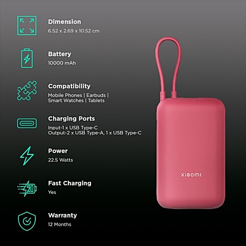 Xiaomi Pocket 10000 mAh Power Bank (with Built in Cable)