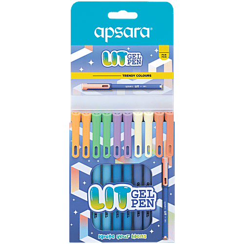 Apsara Lit Gel Pens Trendy Colours, Blue Ink, 10 pcs