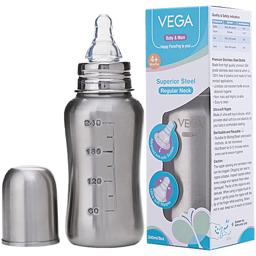 Vega Baby Mom Superior Steel Feeding Bottle Regular Neck, 4+ Months,  240 ml