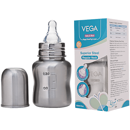 Vega Baby Mom Steel Feeding Bottle Regular Neck, 0+ Months, 120 ml