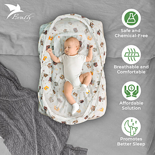 Evafly Baby Mosquito Net With Cotton Bed Cream, Zip Closure, Neck Pillow,  Bear Print, 0-6 Months, pc