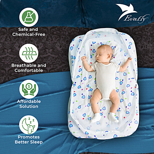 Evafly Baby Mosquito Net With Cotton Bed Zip Closure, Neck Pillow, Heart  Print, 0-6 Months, pc