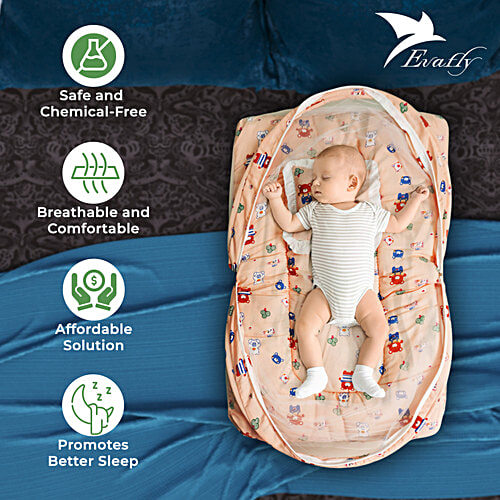Evafly Baby Mosquito Net With Cotton Bed Peach, Zip Closure, Neck Pillow,  Teddy Print, 0-6 Months, pc