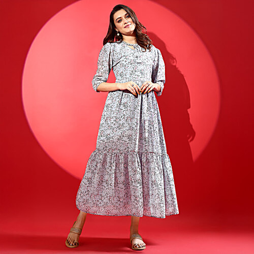 Buy Fashion2wear Women Tie-Up Neck Georgette Fit & Flare Midi Dress - Grey  Online at Best Price of Rs 2499 - bigbasket