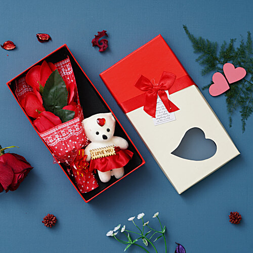 Buy eCraftIndia Gift Box Combo - Artificial Rose Flowers & Teddy Bear ...