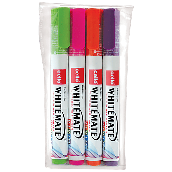 Cello Whitemate Whiteboard Marker Set Of 6 - Assorted Colors, Easily Erasable & Refillable For School & Office
